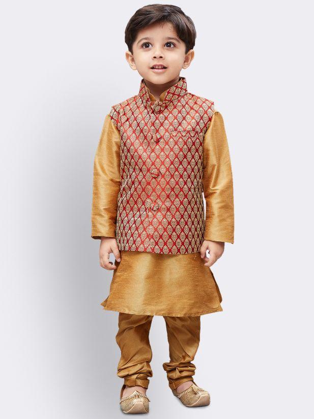 Boys' Gold Silk Cotton Blend Kurta, Waistcoat and Pyjama Set