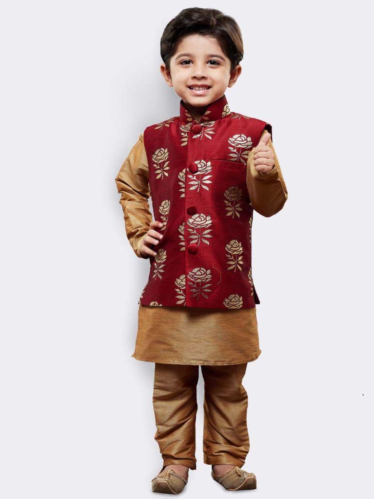 Cotton Silk Blend Kurta Pyjama Set for Boys with Nehru Jacket - Vastramay Boys