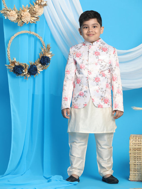 Jashvi Floral Printed Peach Bandhgala Prince Coat Jodhpuri With Cream Kurta Pyjama Set