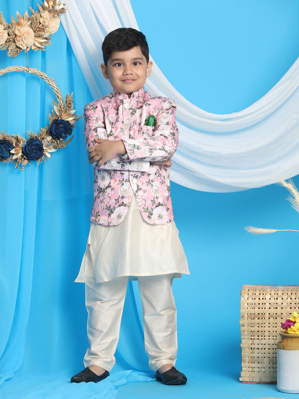 Jashvi Floral Printed Pink Bandhgala Prince Coat Jodhpuri With Cream Color Kurta Pyjama Set