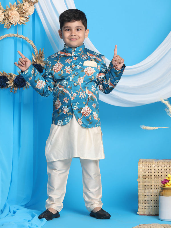 Jashvi Floral Printed Turquoise Blue Bandhgala Prince Coat Jodhpuri With Cream Kurta Pyjama Set