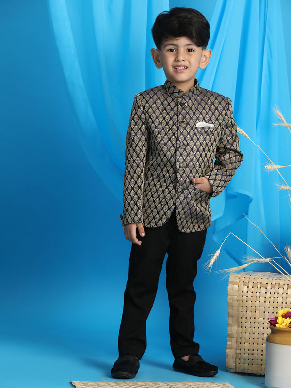 Jashvi Boy's Navy Blue Woven Silk Blend Jodhpuri