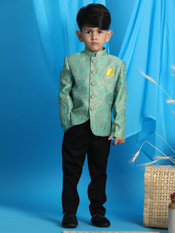 Jashvi Boy's Green Woven Design Jodhpuri