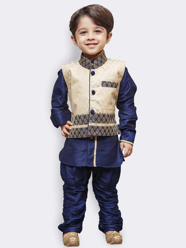 Jashvi Boys' Blue Cotton Silk Kurta, Waistcoat and Breedges Set