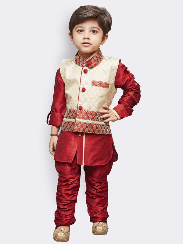 Jashvi Boys' Maroon Cotton Silk Kurta, Waistcoat and Breedges Set