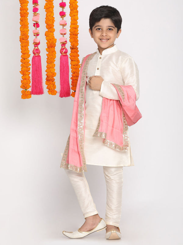 Jashvi Boys Cream Silk Blend Kurta and Pyjama Set With Dupatta