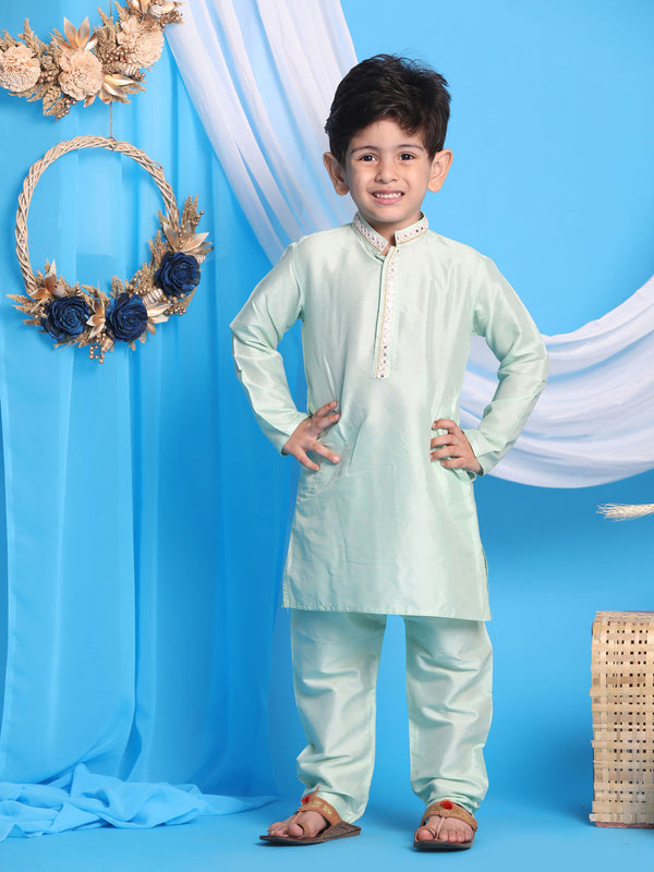 Jashvi Boys' Mint Green Viscose Kurta and Pyjama Set