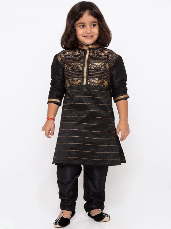 Jashvi Boys' Black Cotton Silk Kurta and Pyjama Set