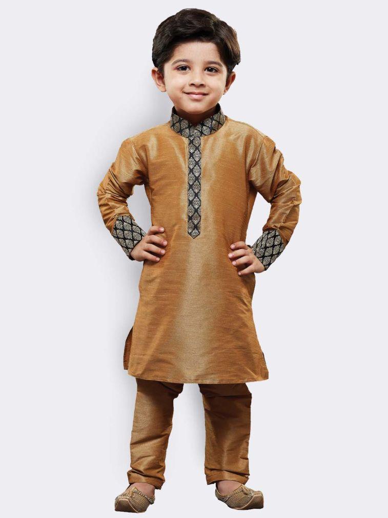 Boys' Gold Cotton Silk Kurta and Pyjama Set