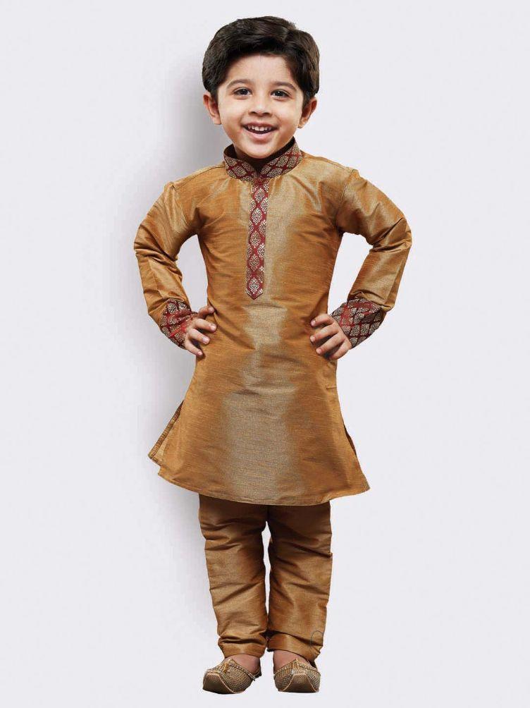 Boys' Gold Cotton Silk Kurta and Pyjama Set