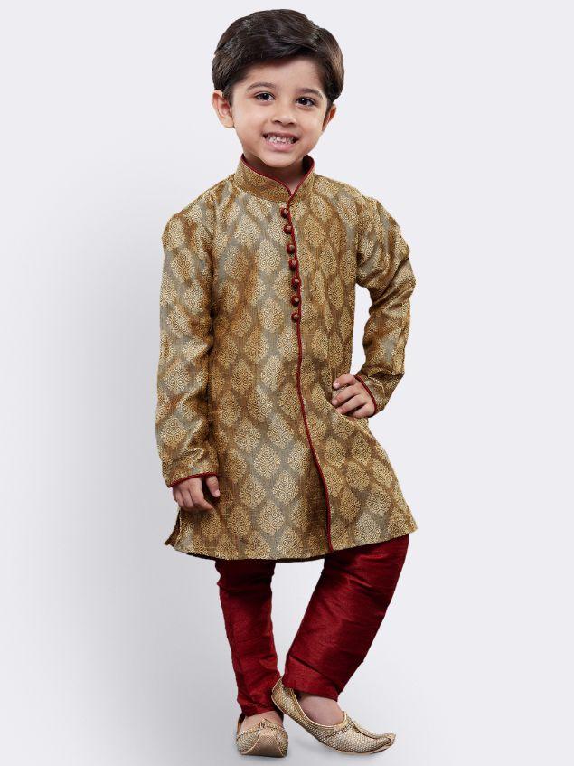 Boys' Beige Cotton Silk Kurta and Pyjama Set