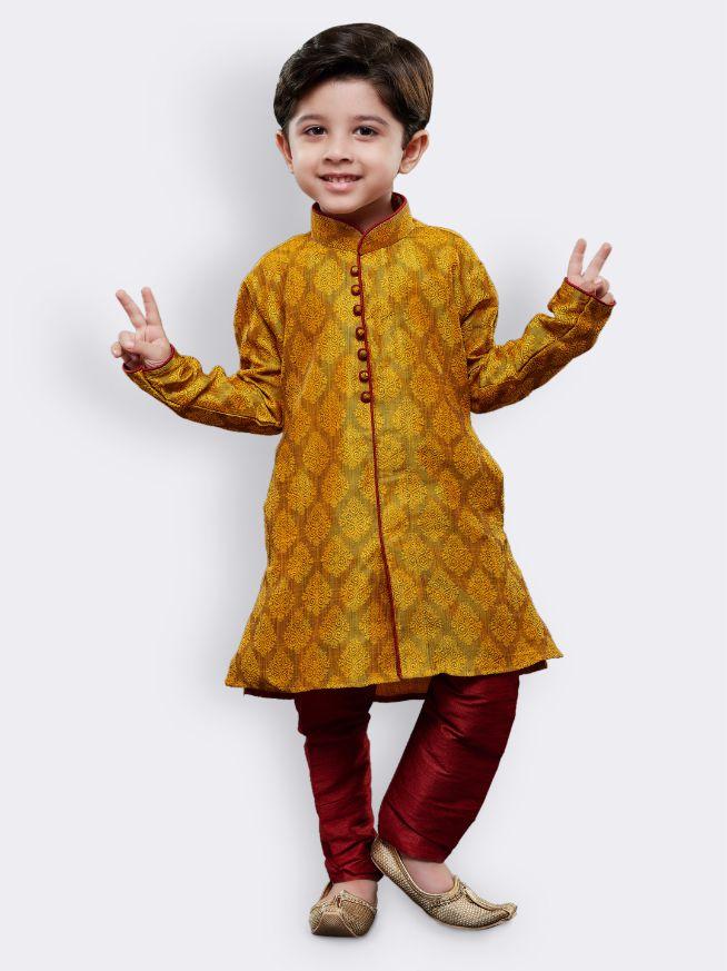 Boys' Yellow Cotton Silk Kurta and Pyjama Set