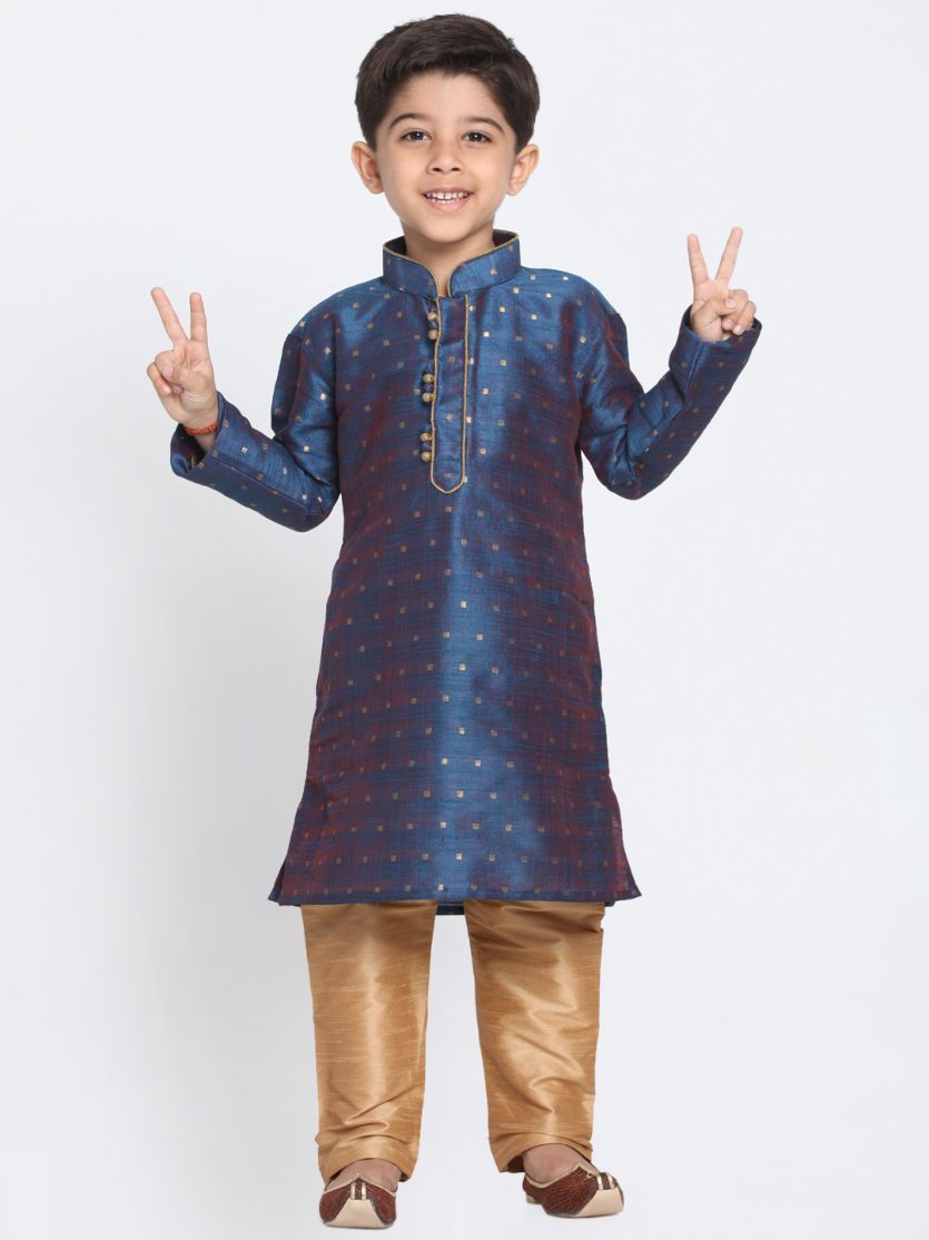 Boys' Deep Blue Cotton Silk Blend Kurta and Pyjama Set