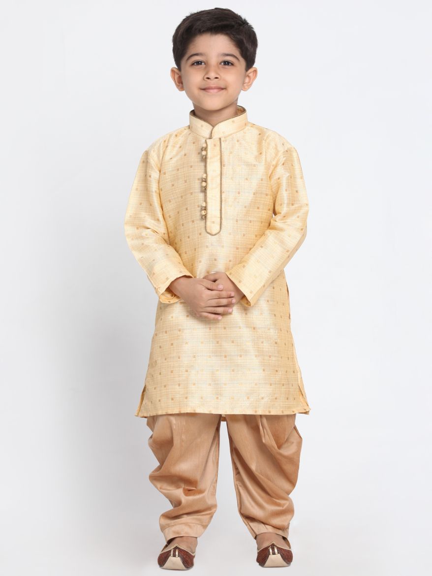 Boys' Gold Cotton Silk Blend Kurta and Dhoti Pant Set