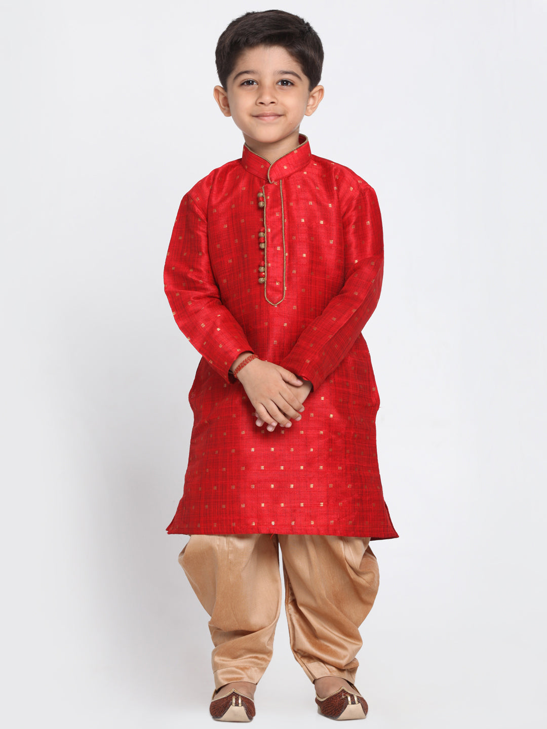 Boy's Maroon And Rose Gold Silk Blend Kurta And Dhoti Set - JBN Creation