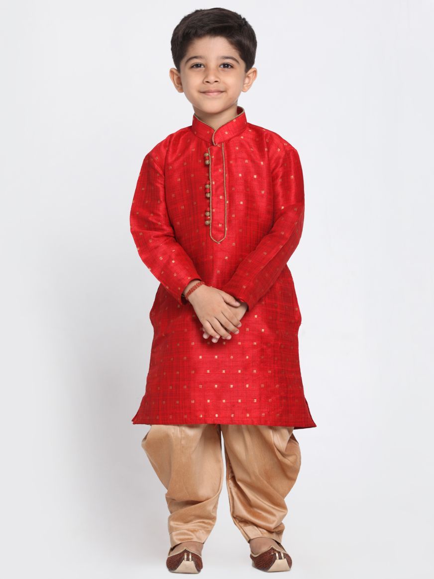 Boys' Maroon Cotton Silk Blend Kurta and Dhoti Pant Set