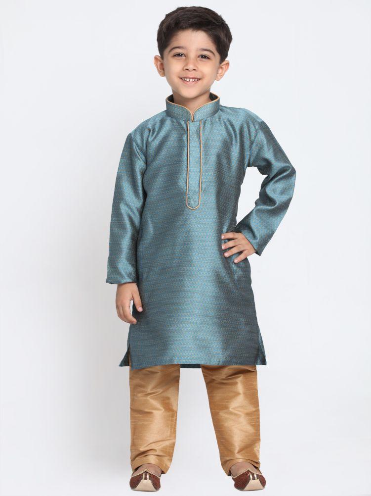 Boys' Blue Cotton Silk Blend Kurta and Pyjama Set