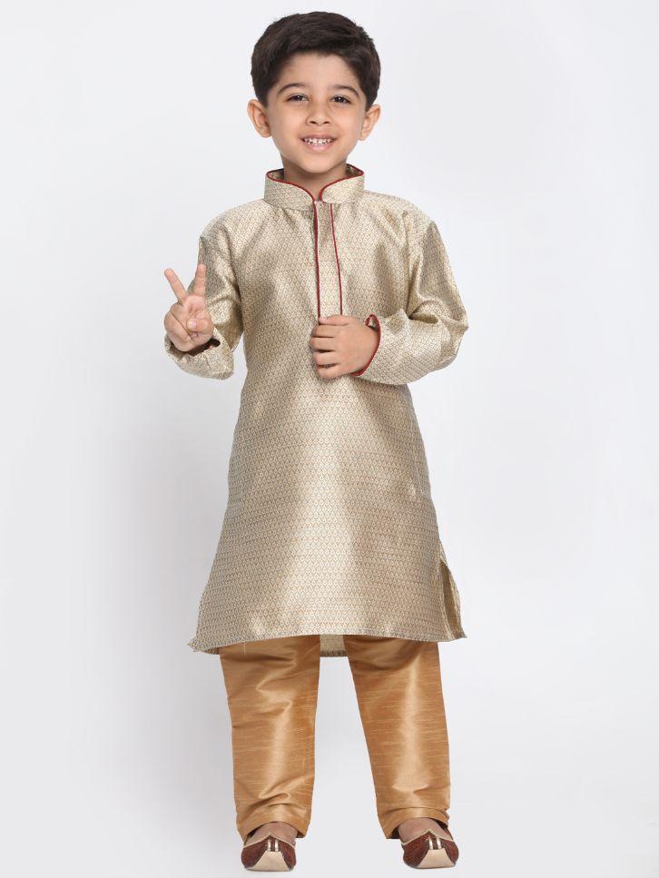 Boys' Beige Cotton Silk Blend Kurta and Pyjama Set