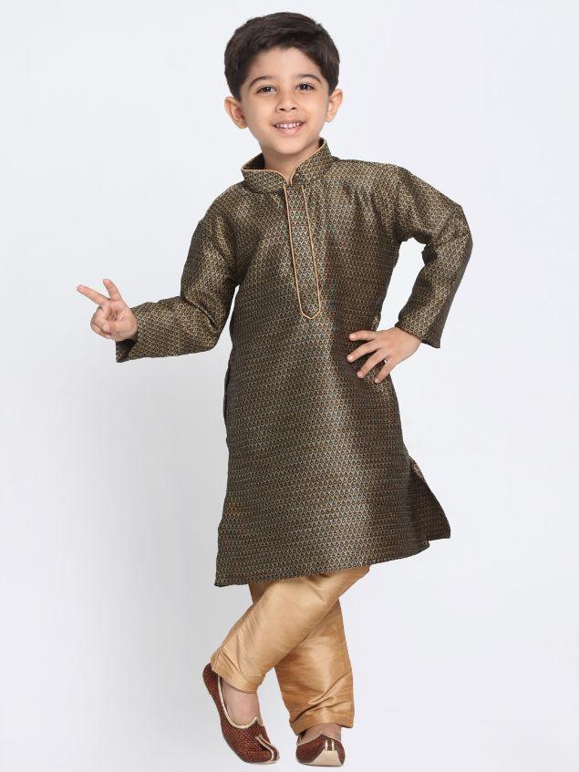 Boys' Black Cotton Silk Blend Kurta and Pyjama Set