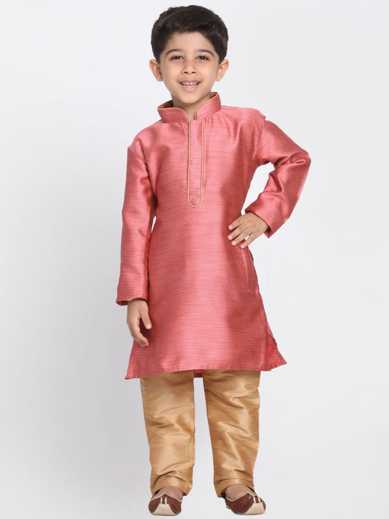 Boys' Pink Cotton Silk Blend Kurta and Pyjama Set