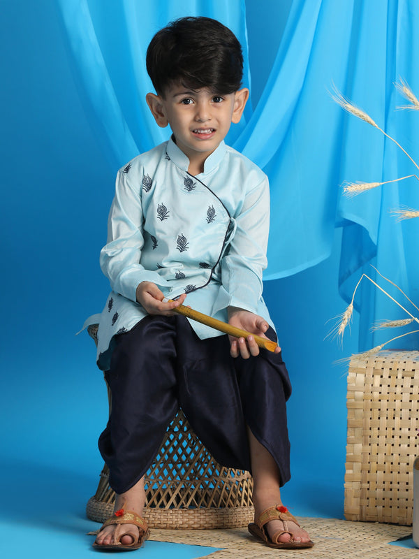 Jashvi Boys' Aqua Blue Embroidered Krishna Kurta And Dhoti Set