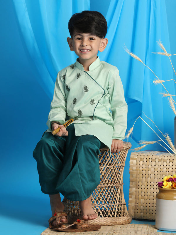 Jashvi Boys' Green Embroidered Krishna Kurta And Dhoti Set