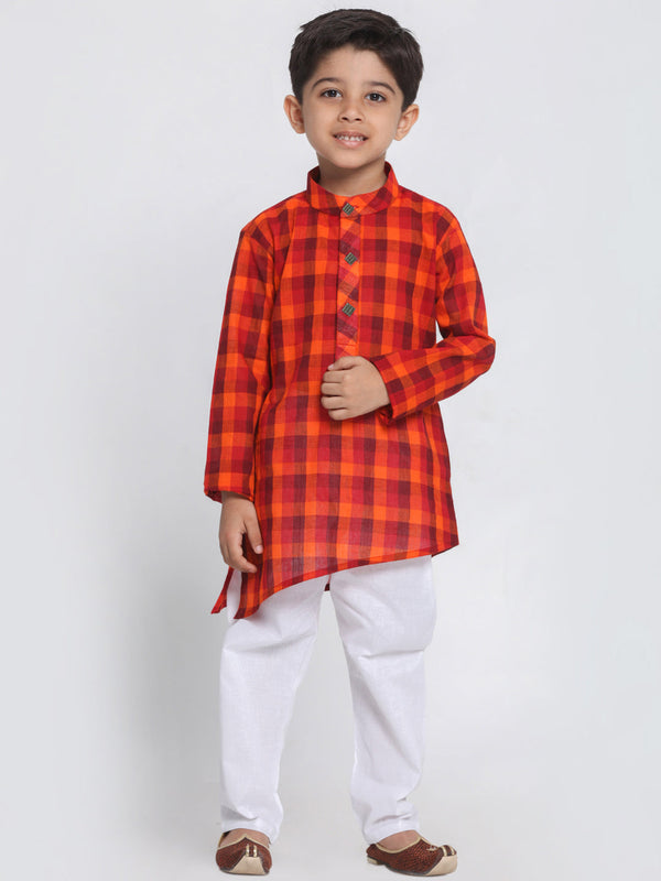 Jashvi Boys' Red Cotton Kurta and Pyjama Set