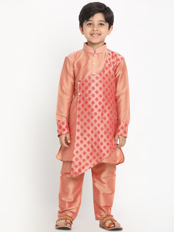 Jashvi Boys Pink Printed Angrakha Kurta with Pyjamas