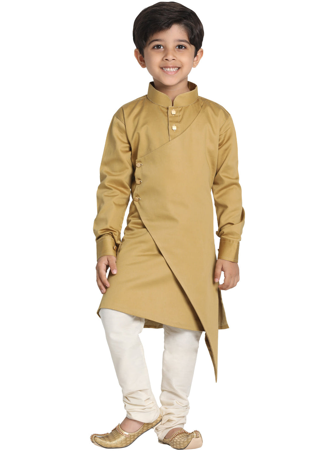 Boy's Chikoo And Cream Cotton Satin Blend Kurta Pyjama Set - JBN Creation