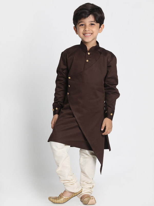 Jashvi Boys' Brown Cotton Silk Blend Kurta and Pyjama Set