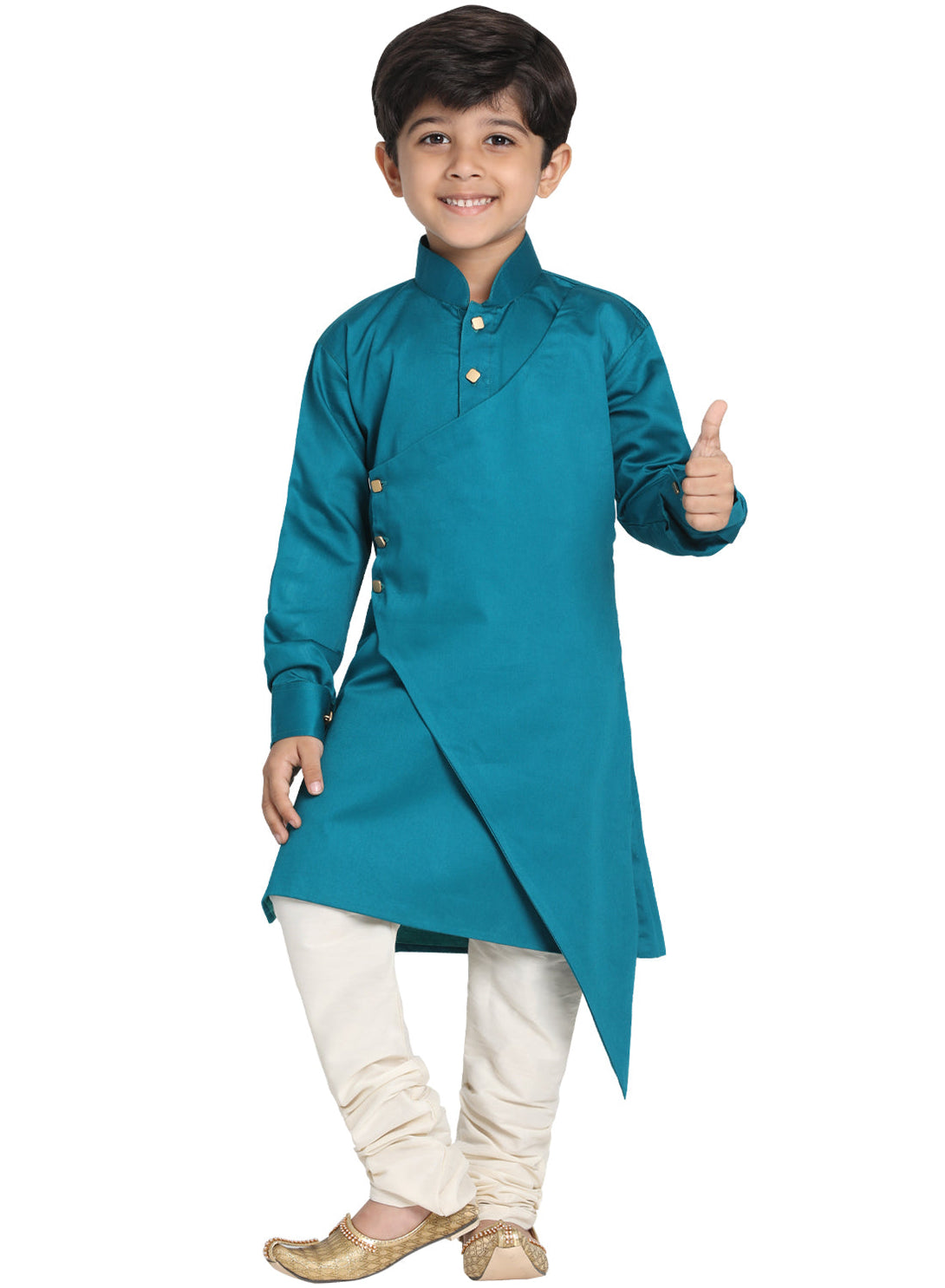 Boy's Rama And Cream Cotton Satin Blend Kurta Pyjama Set - JBN Creation