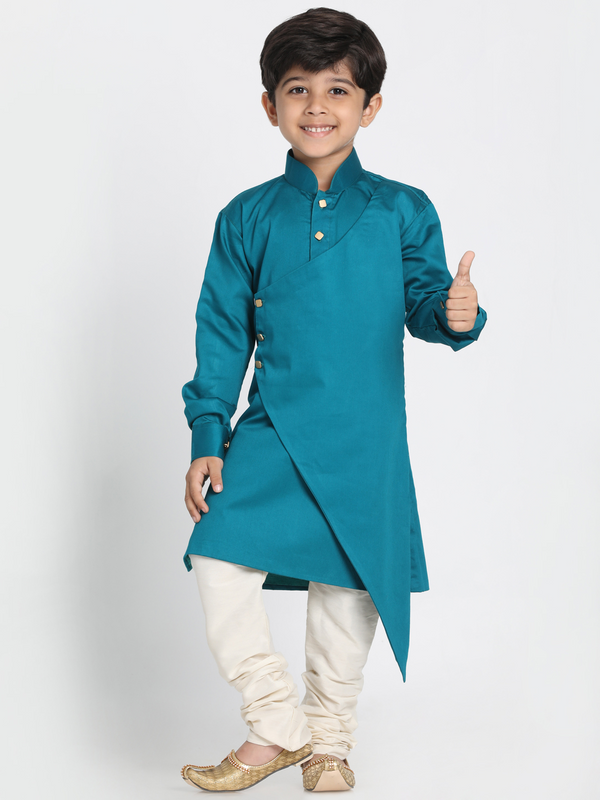 Jashvi Boys' Green Cotton Silk Blend Kurta and Pyjama Set