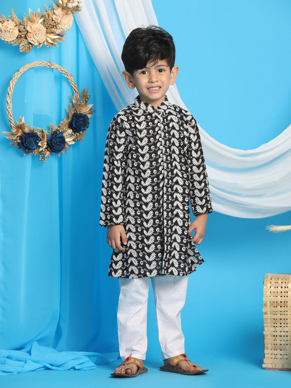 Jashvi Boy's Black Chikankari Thread Work Kurta And White Pyjama Set