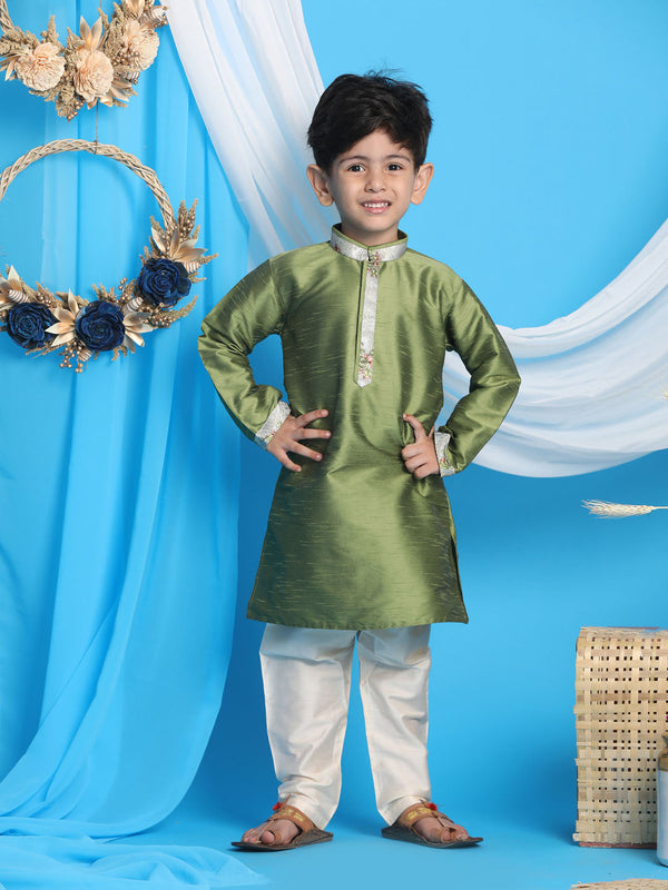 Jashvi Boys' Green Cotton Silk Blend Kurta and Cream Pyjama Set