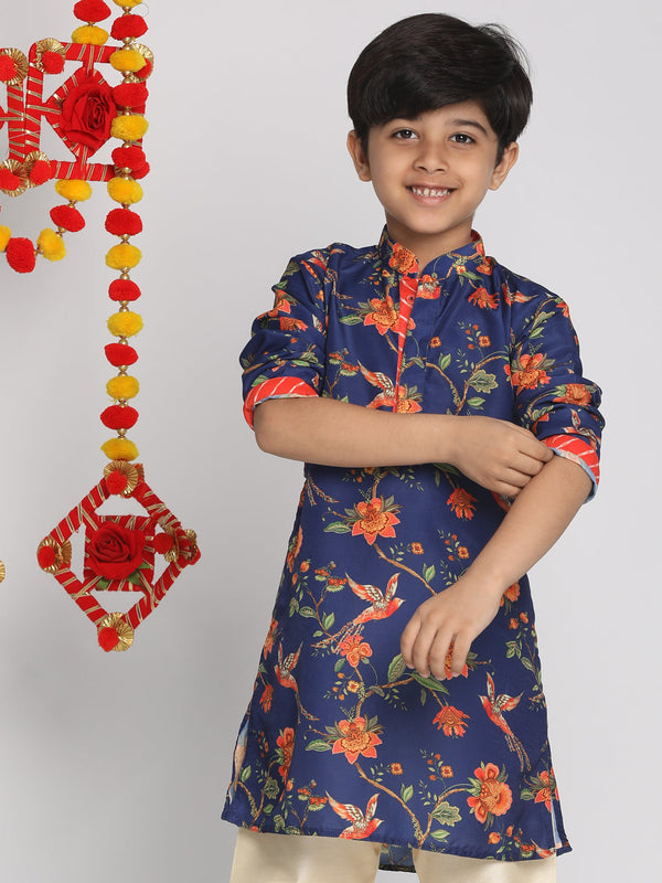 Jashvi Boys' Multicolor-Base-Navy Blue Kurta With Leheriya Border