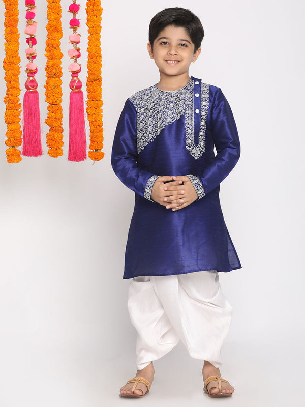 Jashvi Boys' Blue And White Kurta and Dhoti Set