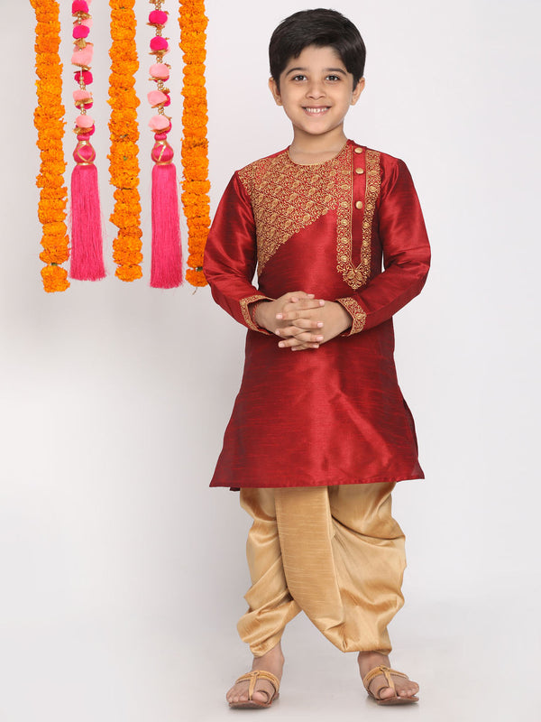 Jashvi Boys' Maroon And Rose Gold Kurta and Dhoti Set