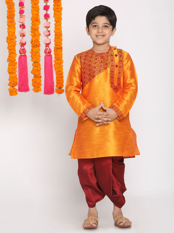 Jashvi Boys' Orange And Maroon Kurta and Dhoti Set