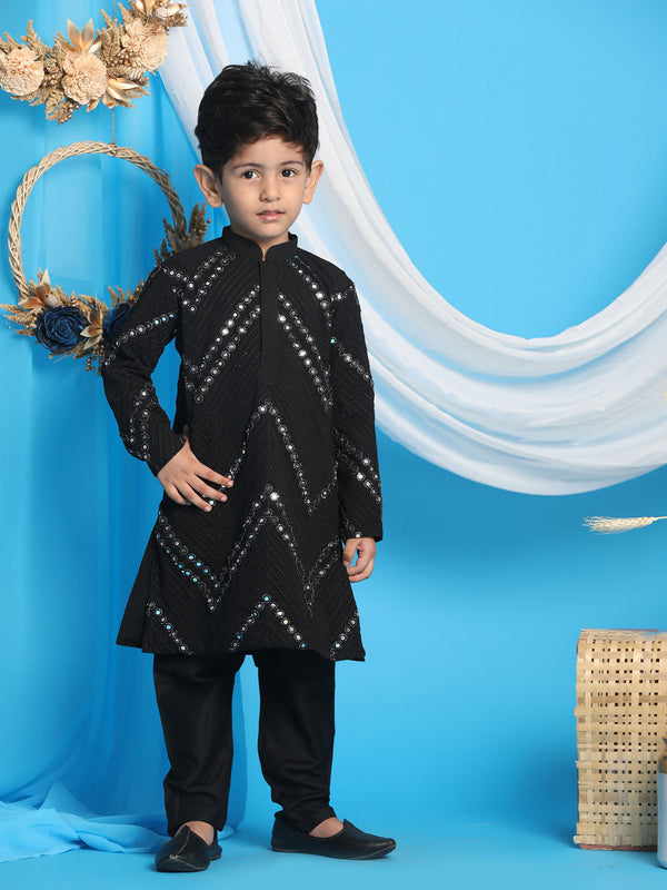 Jashvi Boys' Black Mirror Kurta Pyjama Set