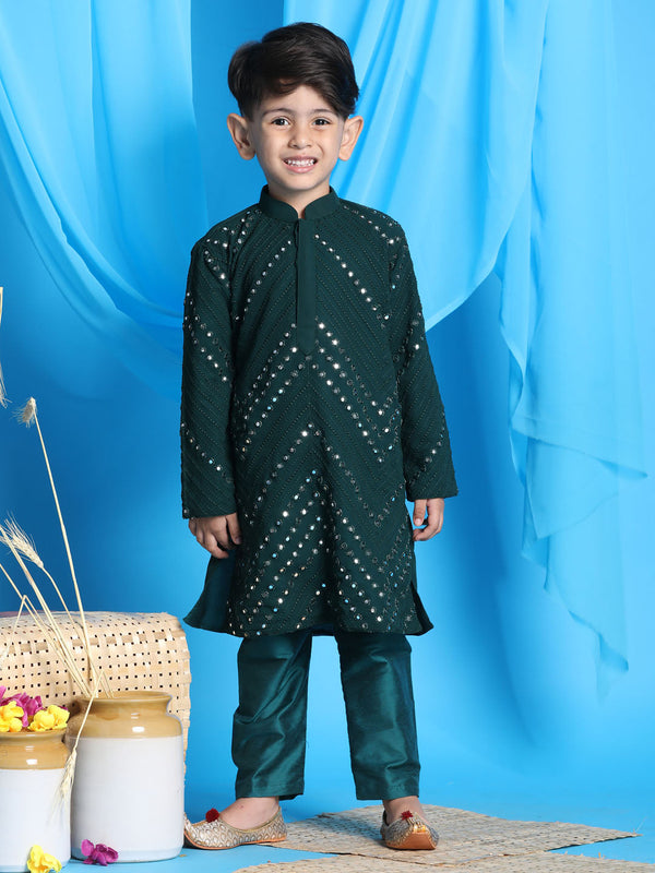 Jashvi Boys' Green Mirror Kurta Pyjama Set