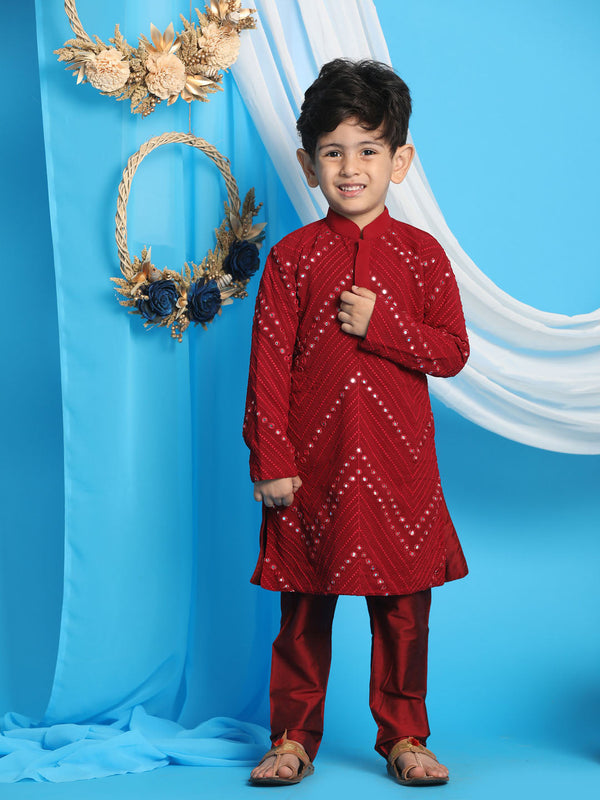 Jashvi Boys' Maroon Mirror Kurta Pyjama Set