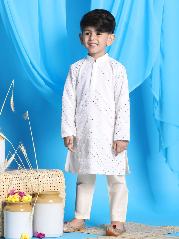 Jashvi Boys' White Mirror Kurta Pyjama Set