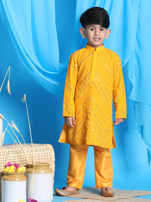 Jashvi Boys' Yellow Mirror Kurta Pyjama Set