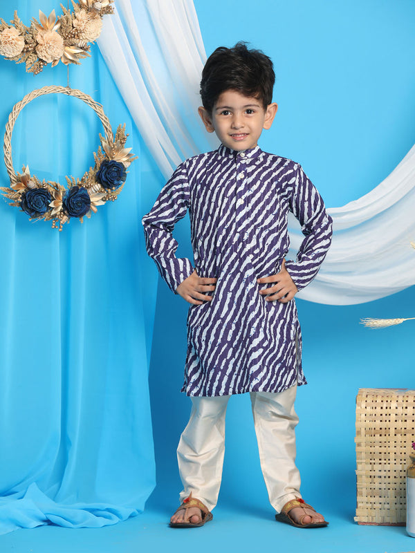 Jashvi Boys' Navy Blue Printed  Kurta And Cream Pyjama Set