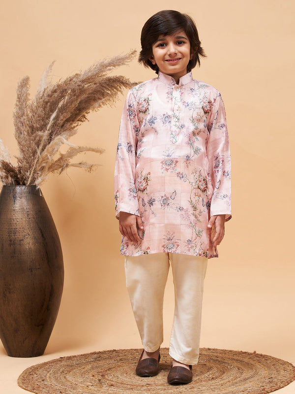 Jashvi Boy's Pink Floral Printed Silk Blend Kurta Pyjama Set