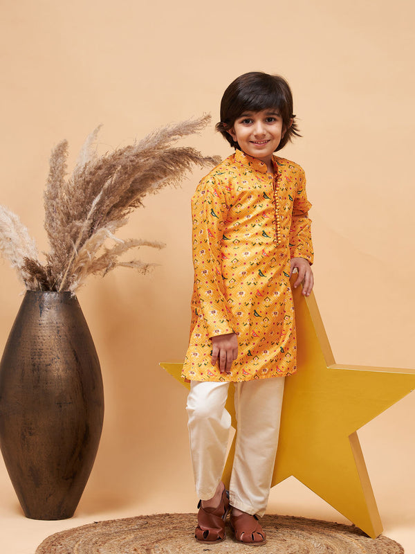 Jashvi Boy's Yellow Patola Printed Kurta And Cream Pyjama Set