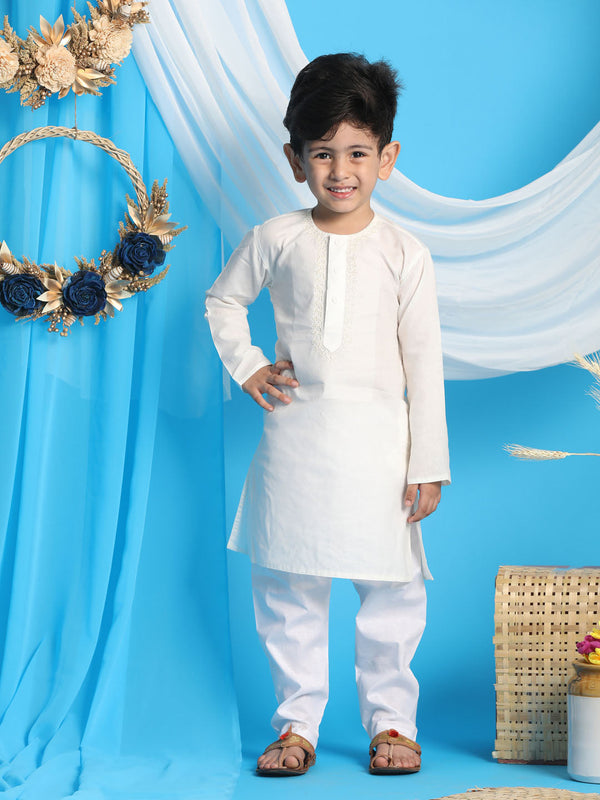 Jashvi Boys' Cream Kurta And White Pyjama Set