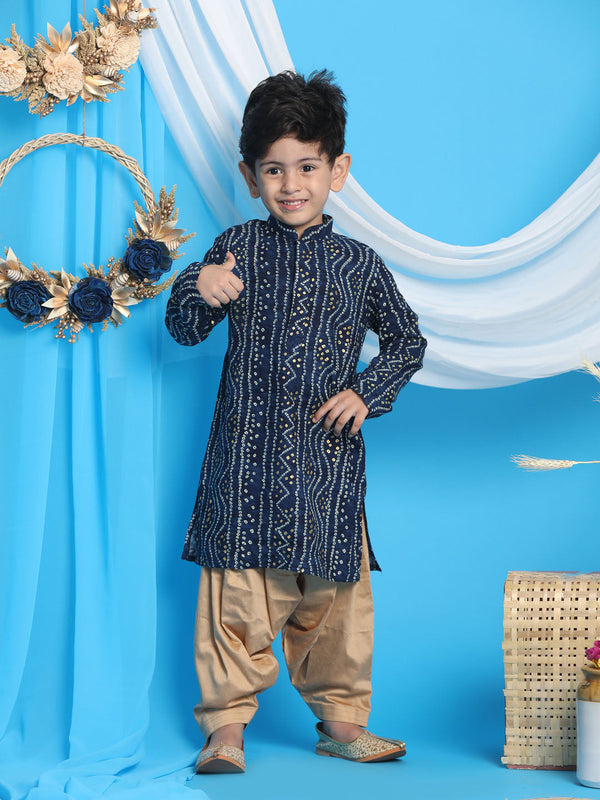 Jashvi Boys' Blue Bandhni Print Kurta And Rose Gold Patiyala Set