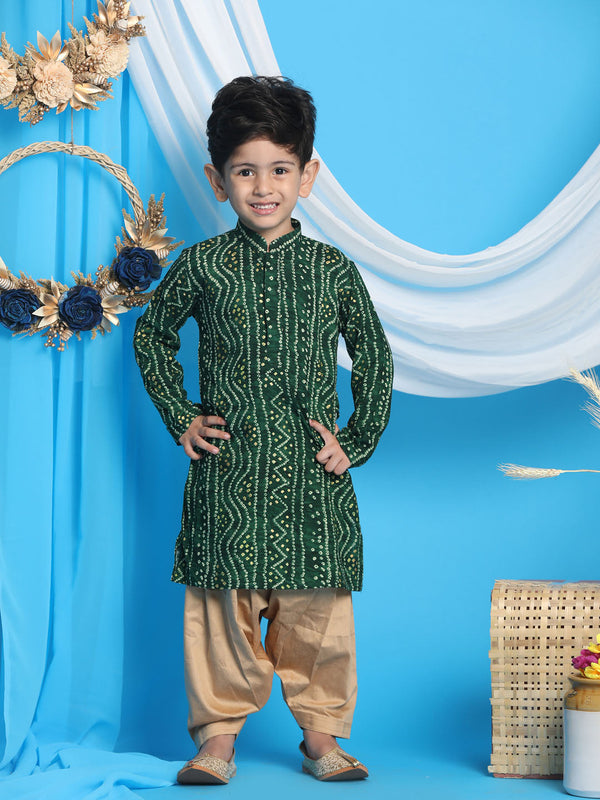 Jashvi Boys' Green Bandhni Print Kurta And Rose Gold Patiyala Set