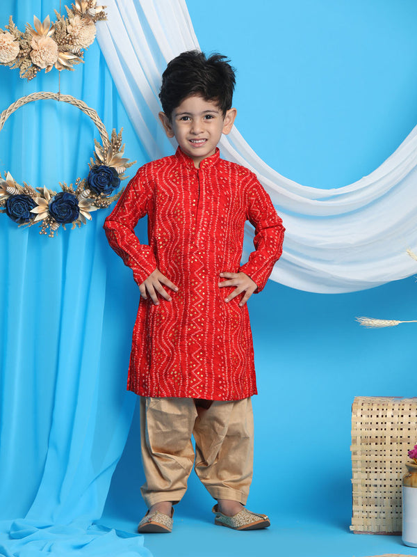 Jashvi Boys' Maroon Bandhni Print Kurta And Rose Gold Patiala Set